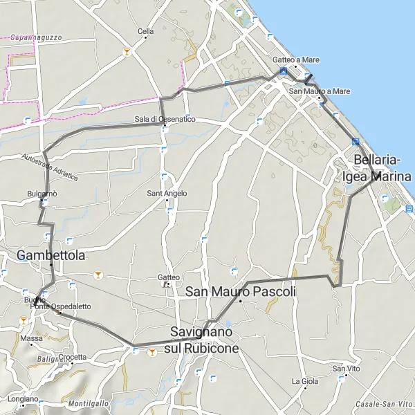 Miniaturní mapa "Cyklotrasa kolem Cesenatico" inspirace pro cyklisty v oblasti Emilia-Romagna, Italy. Vytvořeno pomocí plánovače tras Tarmacs.app