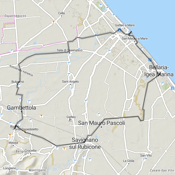 Map miniature of "Coastal Charms and Scenic Villages" cycling inspiration in Emilia-Romagna, Italy. Generated by Tarmacs.app cycling route planner