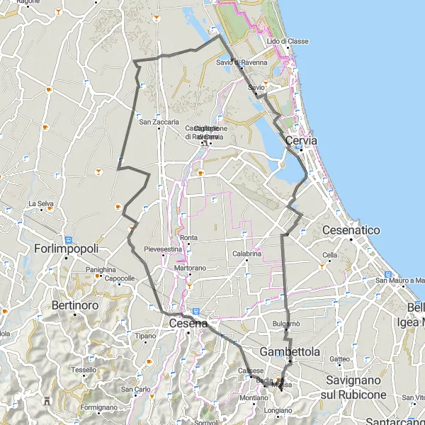 Zemljevid v pomanjšavi "Ciklična pot Torre del Moro" kolesarske inspiracije v Emilia-Romagna, Italy. Generirano z načrtovalcem kolesarskih poti Tarmacs.app