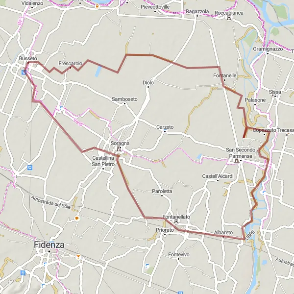 Miniaturní mapa "Gravelový okruh Madonna Prati" inspirace pro cyklisty v oblasti Emilia-Romagna, Italy. Vytvořeno pomocí plánovače tras Tarmacs.app