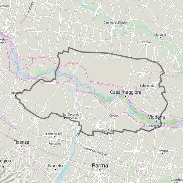 Map miniature of "Zibello to Soragna Delights" cycling inspiration in Emilia-Romagna, Italy. Generated by Tarmacs.app cycling route planner