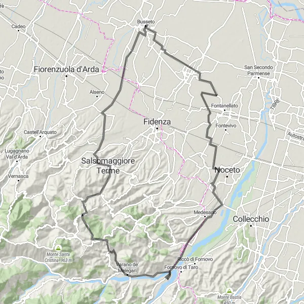 Map miniature of "Busseto and Salsomaggiore Loop" cycling inspiration in Emilia-Romagna, Italy. Generated by Tarmacs.app cycling route planner