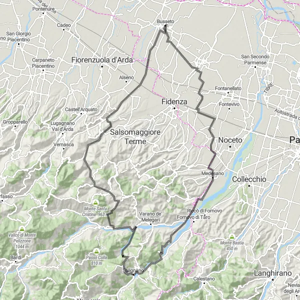 Map miniature of "Verdi's Journey" cycling inspiration in Emilia-Romagna, Italy. Generated by Tarmacs.app cycling route planner
