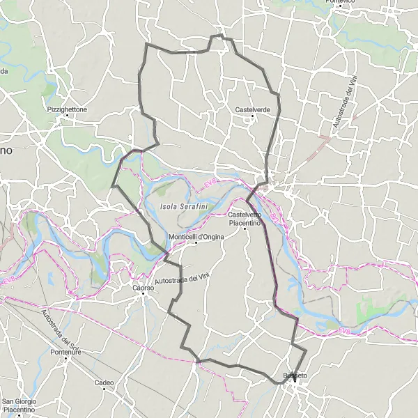 Mapa miniatúra "Jazda na cestných bicykloch od Busseta" cyklistická inšpirácia v Emilia-Romagna, Italy. Vygenerované cyklistickým plánovačom trás Tarmacs.app