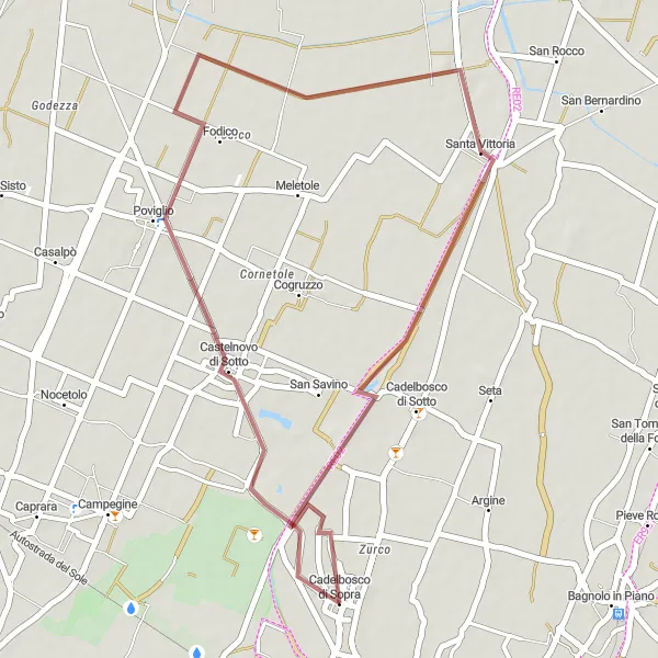 Miniature de la carte de l'inspiration cycliste "Castelnovo di Sotto Gravel Loop" dans la Emilia-Romagna, Italy. Générée par le planificateur d'itinéraire cycliste Tarmacs.app