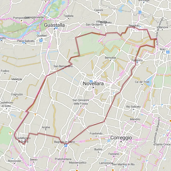 Map miniature of "Reggiolo Gravel Loop" cycling inspiration in Emilia-Romagna, Italy. Generated by Tarmacs.app cycling route planner