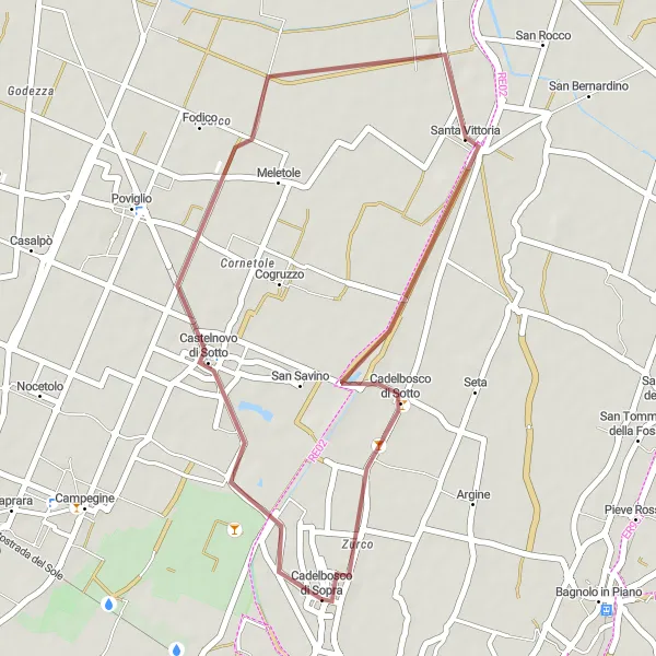 Kartminiatyr av "Eventyrlig tur til Cadelbosco di Sotto" sykkelinspirasjon i Emilia-Romagna, Italy. Generert av Tarmacs.app sykkelrutoplanlegger