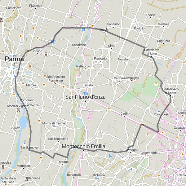 Miniatua del mapa de inspiración ciclista "Ruta Histórica a Cavriago" en Emilia-Romagna, Italy. Generado por Tarmacs.app planificador de rutas ciclistas