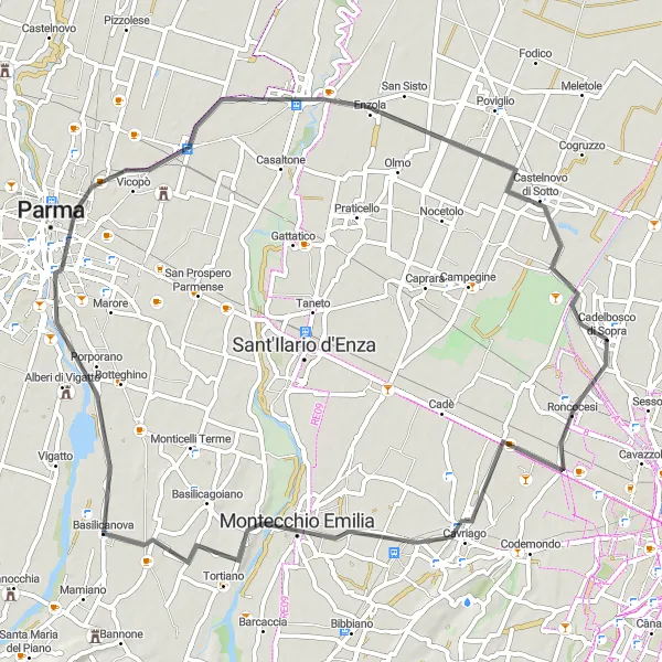 Map miniature of "Hills and Valleys" cycling inspiration in Emilia-Romagna, Italy. Generated by Tarmacs.app cycling route planner