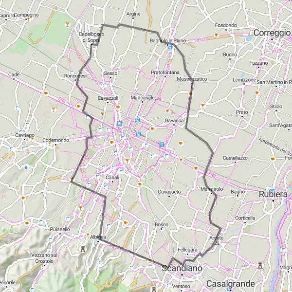 Miniature de la carte de l'inspiration cycliste "La Boucle de Scandiano" dans la Emilia-Romagna, Italy. Générée par le planificateur d'itinéraire cycliste Tarmacs.app