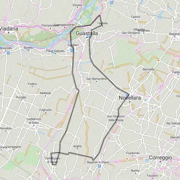 Miniatua del mapa de inspiración ciclista "Ruta en Carretera a Bagnolo in Piano" en Emilia-Romagna, Italy. Generado por Tarmacs.app planificador de rutas ciclistas