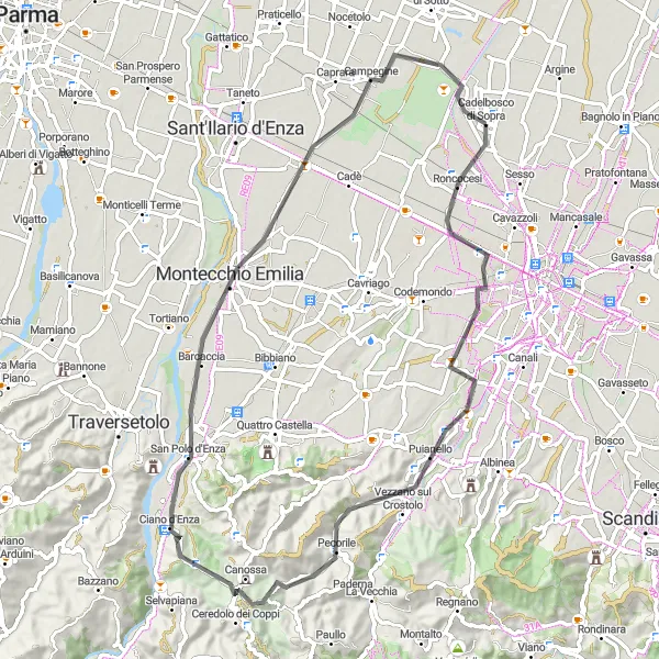 Miniatua del mapa de inspiración ciclista "Ruta en Carretera a Monte Albano" en Emilia-Romagna, Italy. Generado por Tarmacs.app planificador de rutas ciclistas