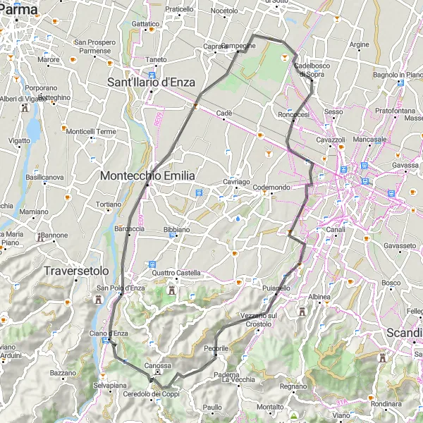 Miniaturekort af cykelinspirationen "Vejcykelrute til Monte Albano" i Emilia-Romagna, Italy. Genereret af Tarmacs.app cykelruteplanlægger