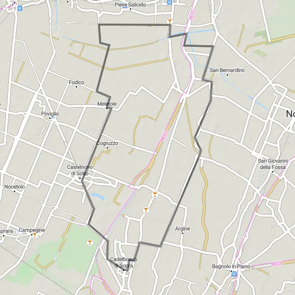 Miniature de la carte de l'inspiration cycliste "Le Tour de Castelnovo di Sotto" dans la Emilia-Romagna, Italy. Générée par le planificateur d'itinéraire cycliste Tarmacs.app