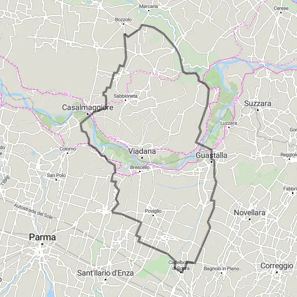 Miniatua del mapa de inspiración ciclista "Ruta de Ciclismo de Carretera a San Martino dall'Argine" en Emilia-Romagna, Italy. Generado por Tarmacs.app planificador de rutas ciclistas