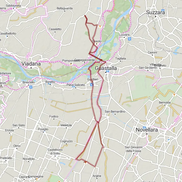 Miniature de la carte de l'inspiration cycliste "Aventure gravel à Dosolo" dans la Emilia-Romagna, Italy. Générée par le planificateur d'itinéraire cycliste Tarmacs.app