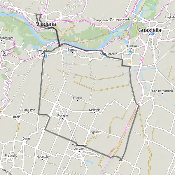 Zemljevid v pomanjšavi "Cadelbosco di Sotto - Godezza - Viadana - Pieve Saliceto" kolesarske inspiracije v Emilia-Romagna, Italy. Generirano z načrtovalcem kolesarskih poti Tarmacs.app