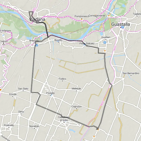 Map miniature of "Serene Countryside Ride" cycling inspiration in Emilia-Romagna, Italy. Generated by Tarmacs.app cycling route planner