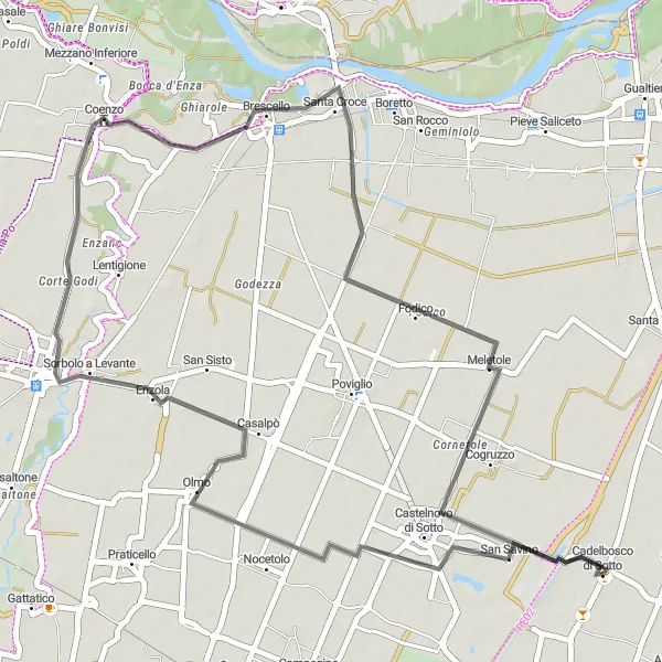 Miniature de la carte de l'inspiration cycliste "Le Tour de Route d'Olmo à Cadelbosco di Sotto" dans la Emilia-Romagna, Italy. Générée par le planificateur d'itinéraire cycliste Tarmacs.app