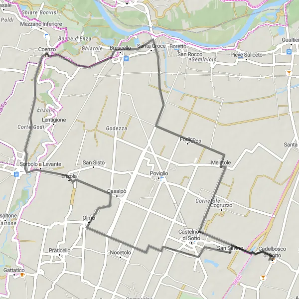 Miniatura della mappa di ispirazione al ciclismo "Giro in bicicletta verso Olmo e Coenzo" nella regione di Emilia-Romagna, Italy. Generata da Tarmacs.app, pianificatore di rotte ciclistiche