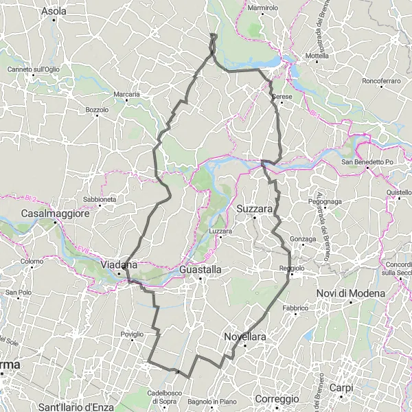 Mapa miniatúra "Trasa cez Gazzuolo a Reggiolo" cyklistická inšpirácia v Emilia-Romagna, Italy. Vygenerované cyklistickým plánovačom trás Tarmacs.app