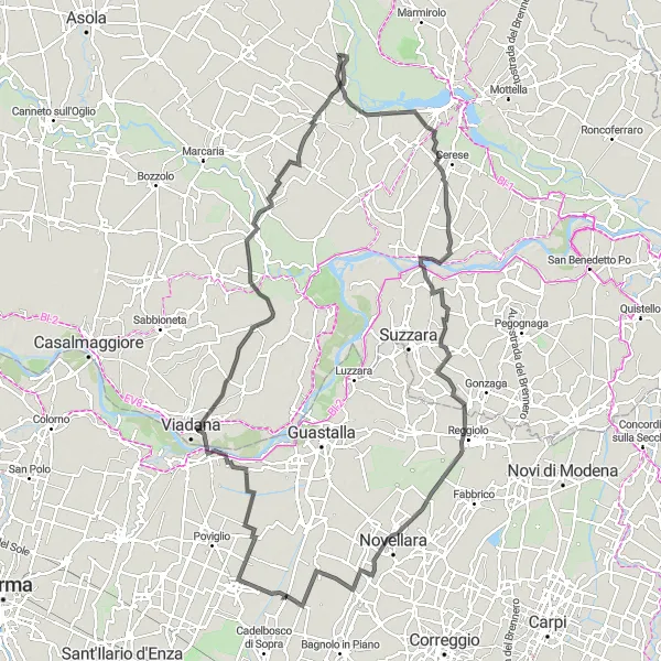 Map miniature of "Mincio Valley Escapade" cycling inspiration in Emilia-Romagna, Italy. Generated by Tarmacs.app cycling route planner