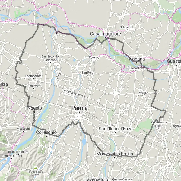 Karttaminiaatyyri "Keski-Italian maaseutu Road Cycling Route" pyöräilyinspiraatiosta alueella Emilia-Romagna, Italy. Luotu Tarmacs.app pyöräilyreittisuunnittelijalla