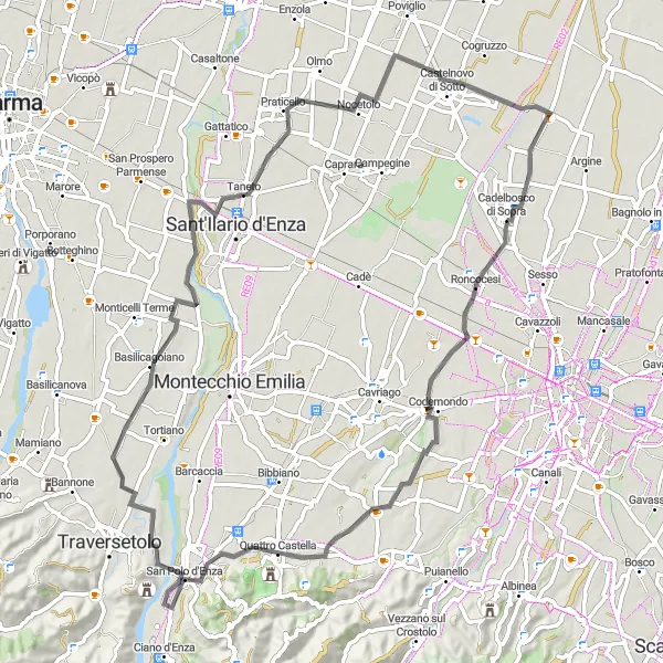 Mapa miniatúra "Trasa cez okolité obce" cyklistická inšpirácia v Emilia-Romagna, Italy. Vygenerované cyklistickým plánovačom trás Tarmacs.app