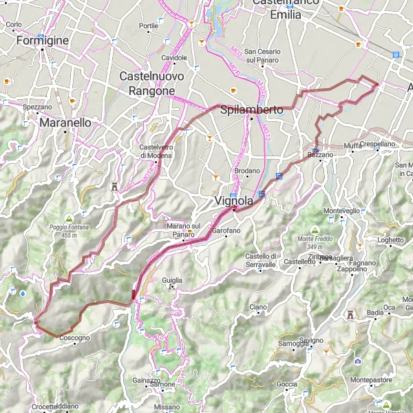Miniatua del mapa de inspiración ciclista "Ruta de grava a Rocca di Vignola" en Emilia-Romagna, Italy. Generado por Tarmacs.app planificador de rutas ciclistas