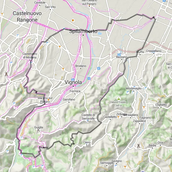 Miniatua del mapa de inspiración ciclista "Ruta escénica en bicicleta desde Calcara a Monte Orsello y Rocca dei Bentivoglio" en Emilia-Romagna, Italy. Generado por Tarmacs.app planificador de rutas ciclistas