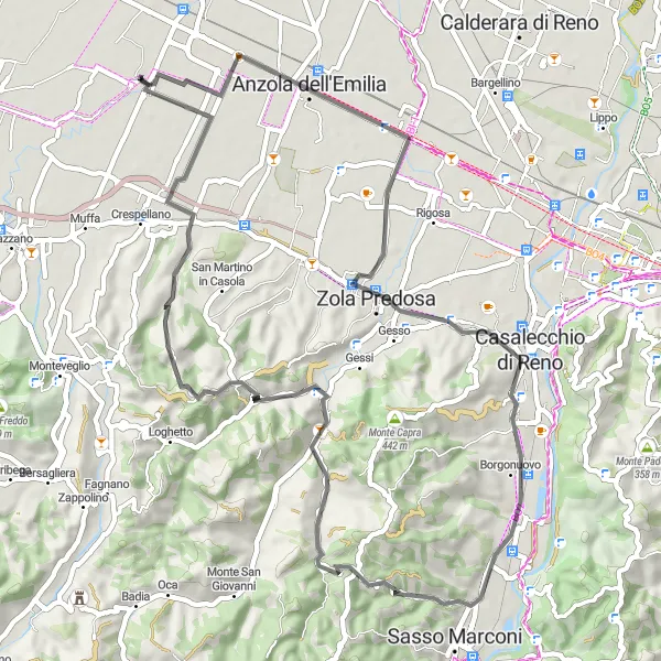Miniatua del mapa de inspiración ciclista "Ruta de Ciclismo de 60 km desde Calcara" en Emilia-Romagna, Italy. Generado por Tarmacs.app planificador de rutas ciclistas