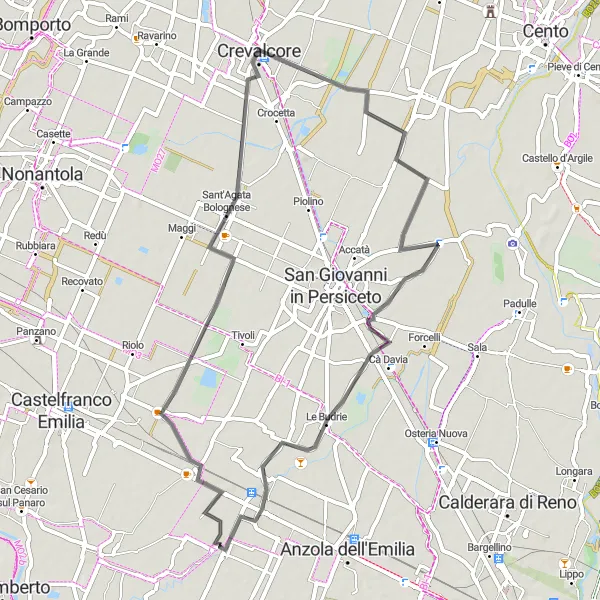 Miniatua del mapa de inspiración ciclista "Ruta Escénica de 56 km cerca de Calcara" en Emilia-Romagna, Italy. Generado por Tarmacs.app planificador de rutas ciclistas