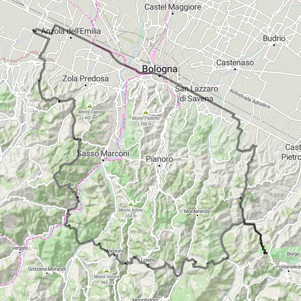 Miniature de la carte de l'inspiration cycliste "Le Tour des Sommets d'Emilia-Romagna" dans la Emilia-Romagna, Italy. Générée par le planificateur d'itinéraire cycliste Tarmacs.app