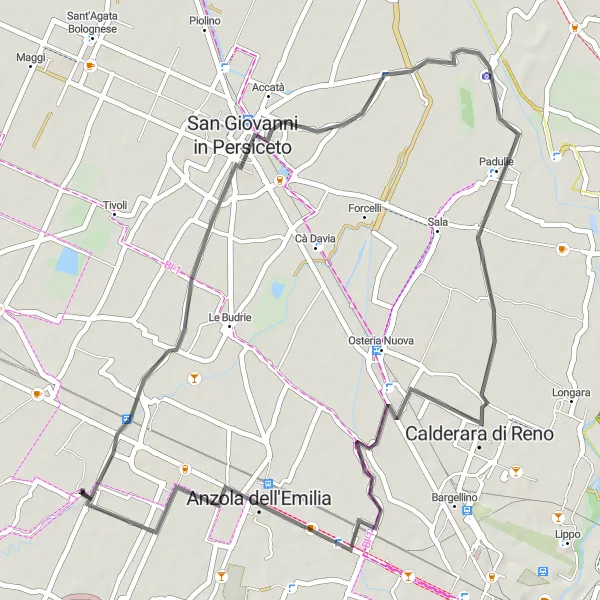 Zemljevid v pomanjšavi "Pot iz Calcara do Anzola dell'Emilia" kolesarske inspiracije v Emilia-Romagna, Italy. Generirano z načrtovalcem kolesarskih poti Tarmacs.app