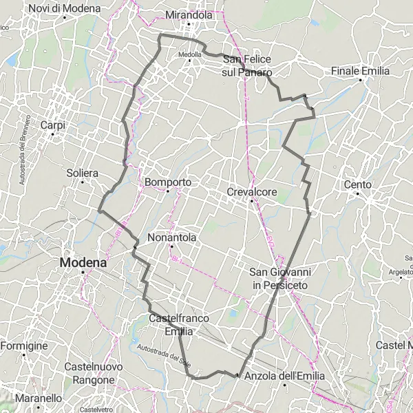 Miniatura della mappa di ispirazione al ciclismo "Giro in bicicletta suggestivo da Calcara a San Giovanni in Persiceto" nella regione di Emilia-Romagna, Italy. Generata da Tarmacs.app, pianificatore di rotte ciclistiche