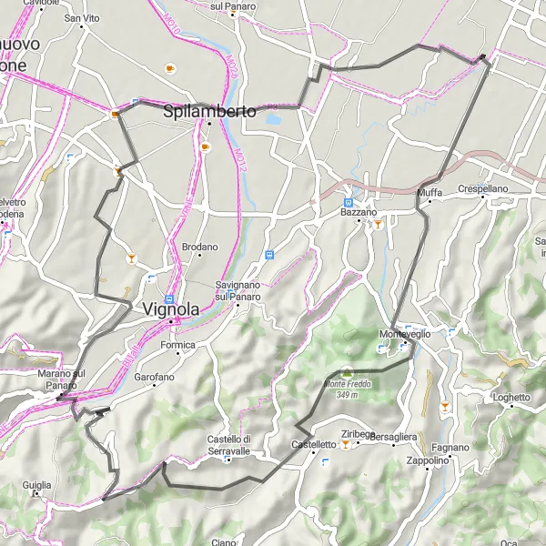 Miniatua del mapa de inspiración ciclista "Ruta de ciclismo de ida y vuelta desde Calcara a Monteveglio, Marano sul Panaro y de regreso" en Emilia-Romagna, Italy. Generado por Tarmacs.app planificador de rutas ciclistas
