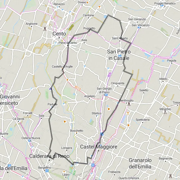 Miniatua del mapa de inspiración ciclista "Recorrido escénico por Padulle y Pieve di Cento" en Emilia-Romagna, Italy. Generado por Tarmacs.app planificador de rutas ciclistas