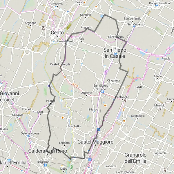 Miniatuurkaart van de fietsinspiratie "Rondje Padulle" in Emilia-Romagna, Italy. Gemaakt door de Tarmacs.app fietsrouteplanner