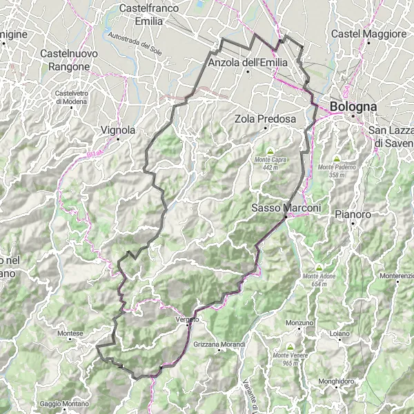 Map miniature of "Calderara di Reno to Villa Terracini" cycling inspiration in Emilia-Romagna, Italy. Generated by Tarmacs.app cycling route planner