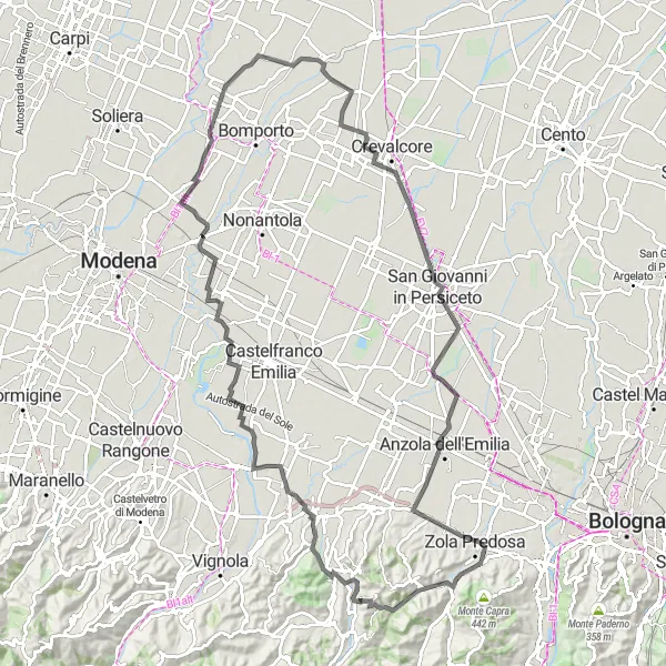 Mapa miniatúra "Cyklotrasa okolo Calderina" cyklistická inšpirácia v Emilia-Romagna, Italy. Vygenerované cyklistickým plánovačom trás Tarmacs.app