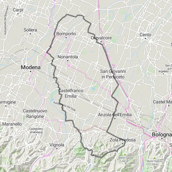 Miniatura della mappa di ispirazione al ciclismo "Percorso ciclistico da Calderino a Monte Malgotto e San Giovanni in Persiceto" nella regione di Emilia-Romagna, Italy. Generata da Tarmacs.app, pianificatore di rotte ciclistiche