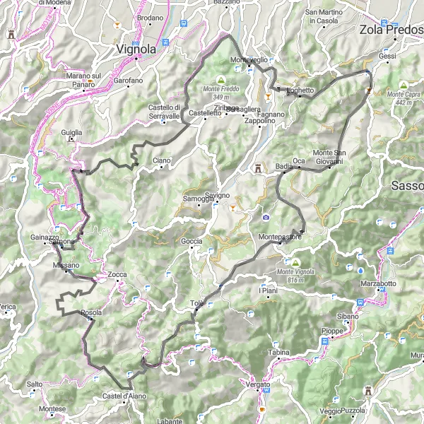 Miniaturní mapa "Výzva pro zkušené cyklisty kolem Calderina" inspirace pro cyklisty v oblasti Emilia-Romagna, Italy. Vytvořeno pomocí plánovače tras Tarmacs.app