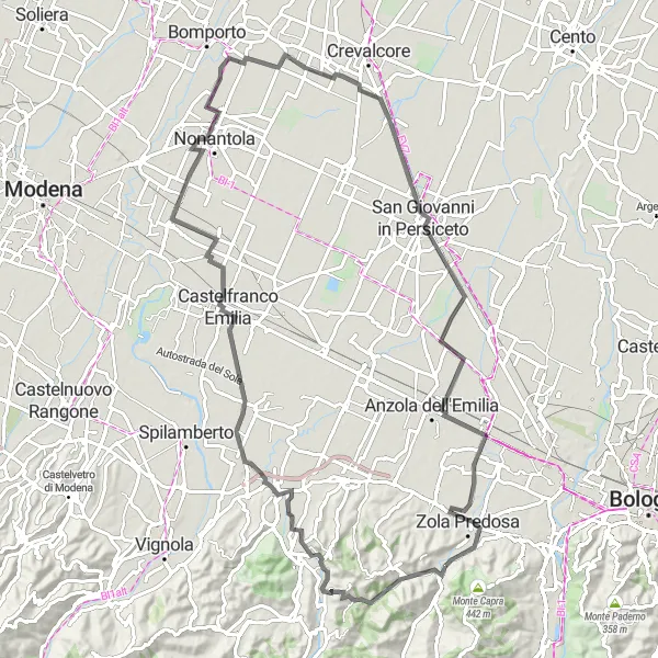 Miniature de la carte de l'inspiration cycliste "Parcours à travers les collines d'Emilia-Romagna" dans la Emilia-Romagna, Italy. Générée par le planificateur d'itinéraire cycliste Tarmacs.app