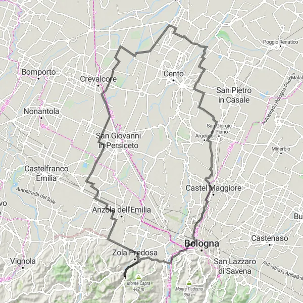 Miniatura della mappa di ispirazione al ciclismo "Giro in bicicletta da Calderino a Monte Malgotto e Castel Maggiore" nella regione di Emilia-Romagna, Italy. Generata da Tarmacs.app, pianificatore di rotte ciclistiche