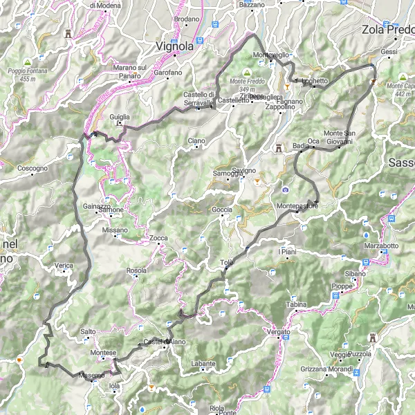 Karttaminiaatyyri "Haastava pyöräilyreitti Calderinosta Monterveglio" pyöräilyinspiraatiosta alueella Emilia-Romagna, Italy. Luotu Tarmacs.app pyöräilyreittisuunnittelijalla