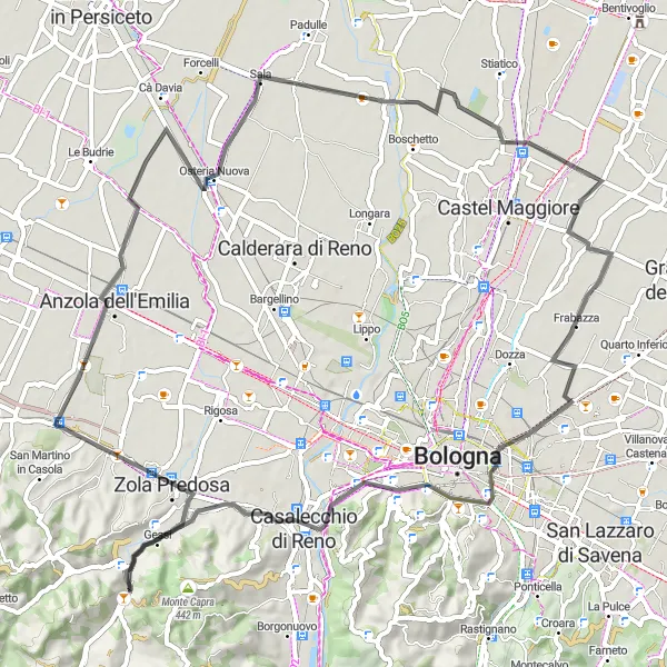 Miniaturní mapa "Okružní trasu do kopce z Calderino" inspirace pro cyklisty v oblasti Emilia-Romagna, Italy. Vytvořeno pomocí plánovače tras Tarmacs.app