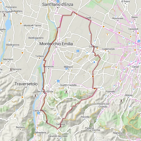 Mapa miniatúra "Gravelová trasa Calerno - Montechiarugolo" cyklistická inšpirácia v Emilia-Romagna, Italy. Vygenerované cyklistickým plánovačom trás Tarmacs.app