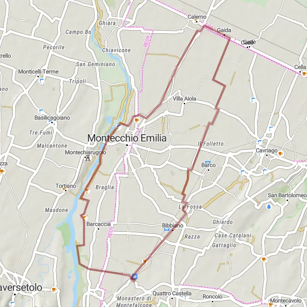 Miniatua del mapa de inspiración ciclista "Ruta de bicicleta de grava a Castello di Montechiarugolo" en Emilia-Romagna, Italy. Generado por Tarmacs.app planificador de rutas ciclistas