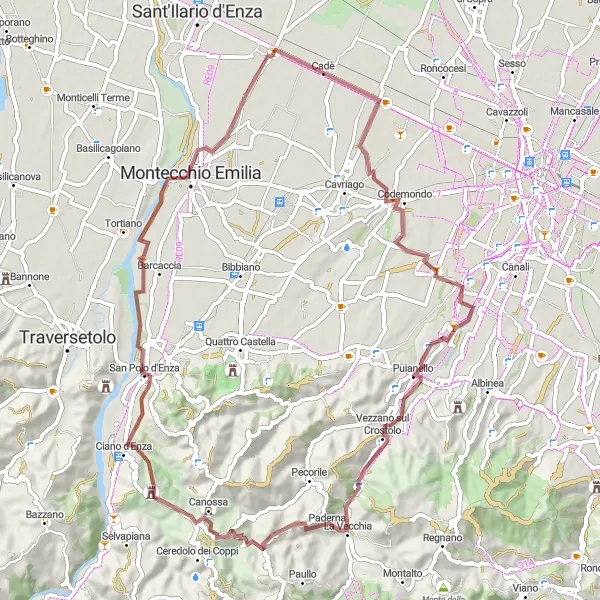 Miniatua del mapa de inspiración ciclista "Ruta de ciclismo de grava desde Calerno a Montecchio Emilia" en Emilia-Romagna, Italy. Generado por Tarmacs.app planificador de rutas ciclistas