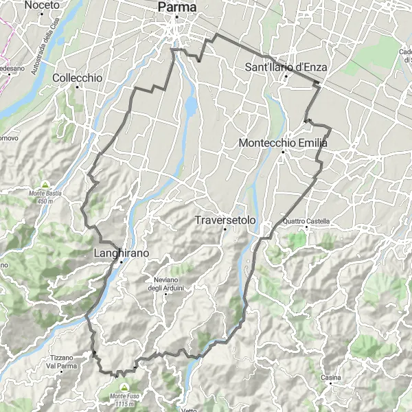 Miniatura della mappa di ispirazione al ciclismo "Tour delle Colline Parmensi" nella regione di Emilia-Romagna, Italy. Generata da Tarmacs.app, pianificatore di rotte ciclistiche